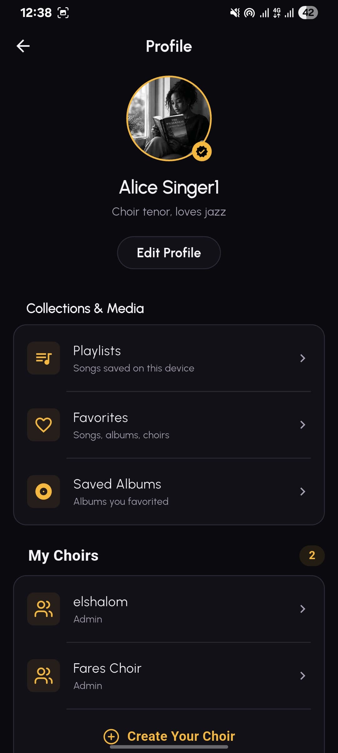 A member profile with saved collections and the choirs they belong to